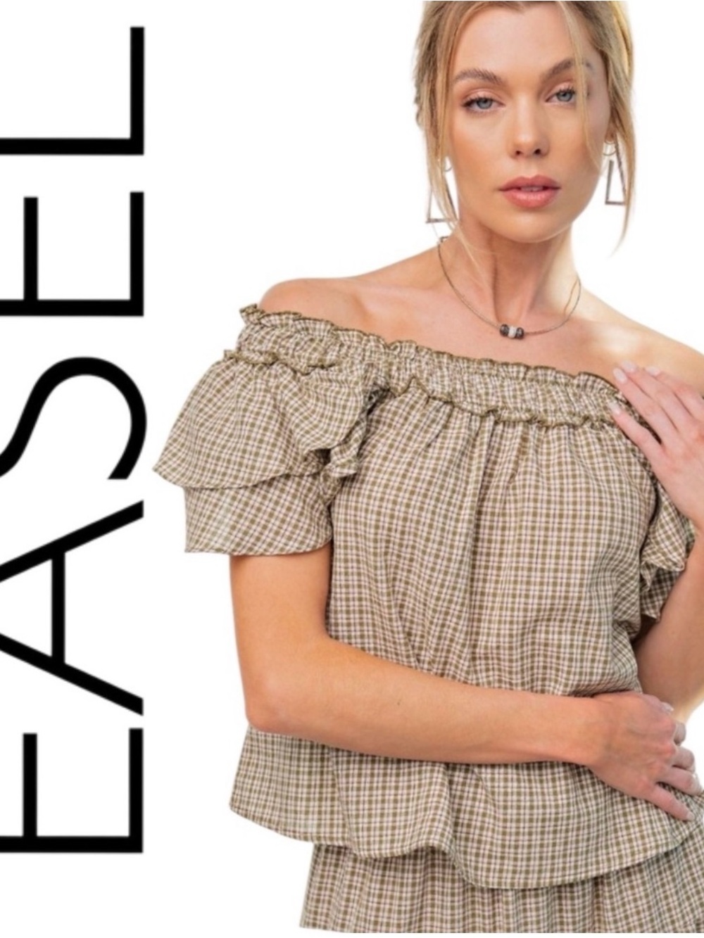 easel Olive & White Gingham Off-Shoulder Ruffle Blouse